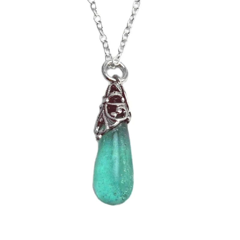 turquoise necklaces for women -Ancient Roman Glass Teardrop Necklace Sterling Silver with 18-inch Chain