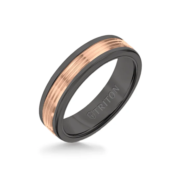 oval rings for women -6MM Black Tungsten Carbide Ring - Serrated Engraved 14K Rose Gold Insert with Round Edge