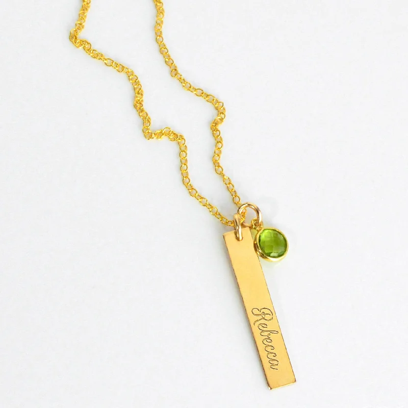 long chain necklaces for women -Engraved Bar Charm & Birthstone Necklace