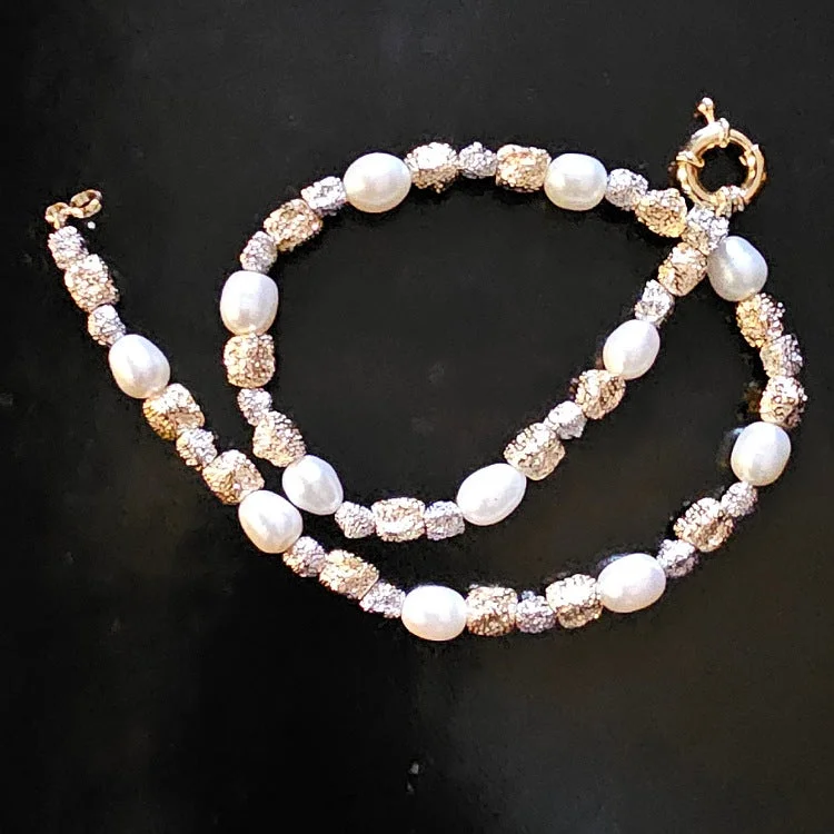 geometric necklaces for women -NECKLACE FRESHWATER PEARLS WITH GOLD PLATED NUGGETS