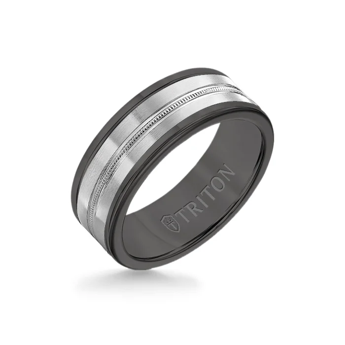 oval rings for women -8MM Black Tungsten Carbide Ring - Center Milgrain 14K White Gold Insert with Round Edge