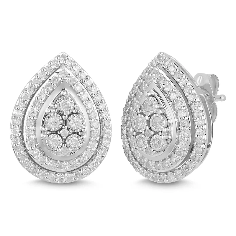 bridal hoop earrings for women -Miracle Halo Pear Stud Earrings with 1/2ct of Diamonds in Sterling Silver