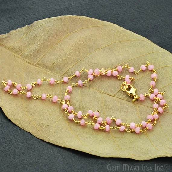 gemstone necklaces for women -Natural Rose Chalcedony Necklace chain, 18 Inch Gold Plated Beaded Necklace Jewelry