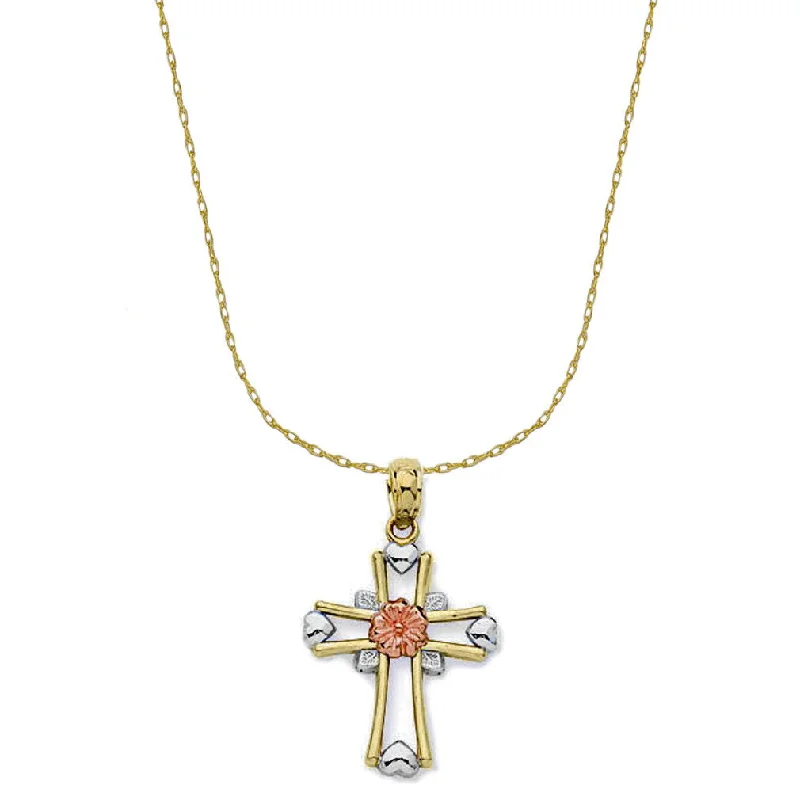 geometric necklaces for women -14k Three-tone Gold Flower and Heart Cross Necklace with 18-inch Chain