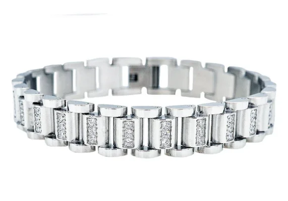 bohemian bangles for women -Men's Stainless Steel Link Bracelet W/ Cz's