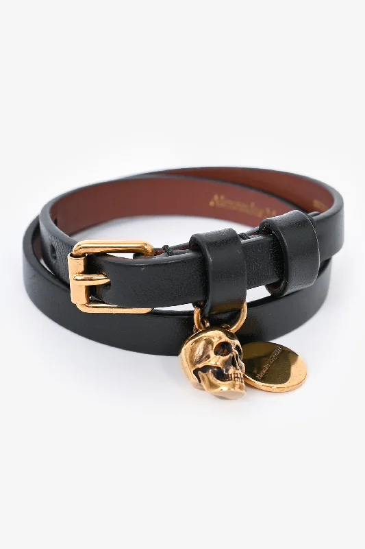 bridal bangles for women -Alexander McQueen Black Leather Gold Skull Double Wrap Bracelet