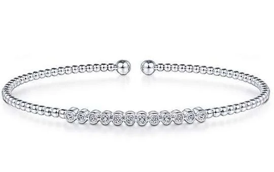 luxury tennis bracelets for women -14K White Gold Bujukan Bead Cuff Bracelet with Bezel Set Diamond Stations