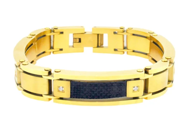 bangles for brides -Men's Stainless Gold Plated Steel Bracelet W/ Carbon Fiber & Cz's