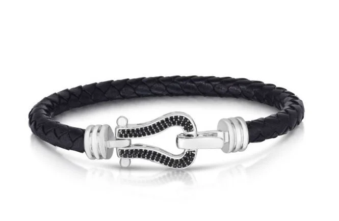 luxury charm bangles -Sterling Silver Leather Black Diamond Buckle Bracelet