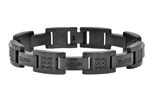 stackable bangles for women -Men's Matte Black Stainless Steel Bracelet W/ Cz's