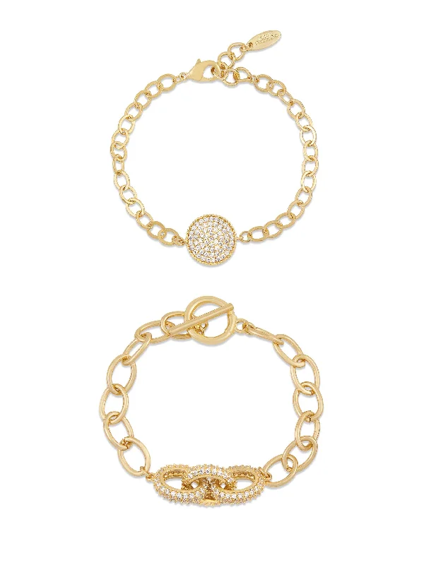 gold bangles for weddings -Mixed Crystal Disc & Link Chain Bracelet Set