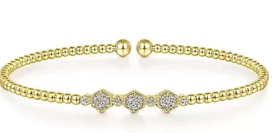 gold wedding bangles for women -14K Yellow Gold Bujukan Bead Cuff Bracelet with Cluster Diamond Hexagon Stations