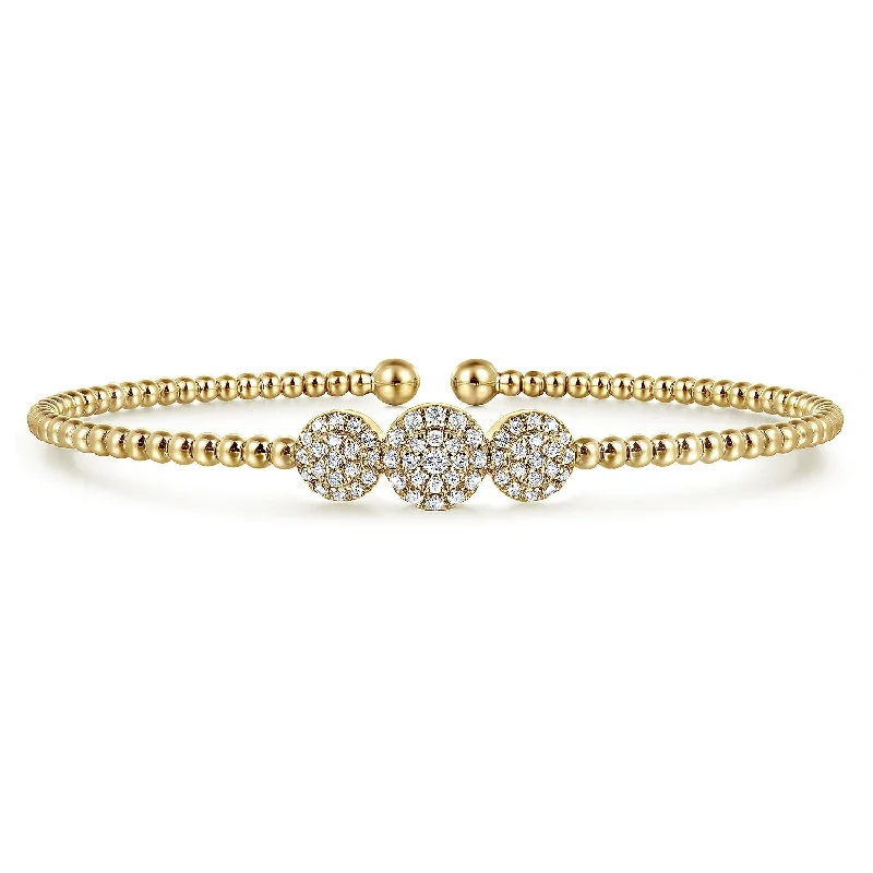 infinity bangles for women -14K Yellow Gold Bujukan Bead Cuff Bracelet with Three Pavé Diamond Stations