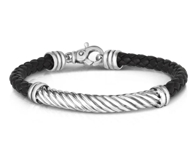 gemstone bracelets for women -Sterling Silver Men's Twisted Cable Leather Bracelet